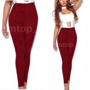 NEW High Waisted Faux Vegan Suede Leggings Dress Pants Wine Red